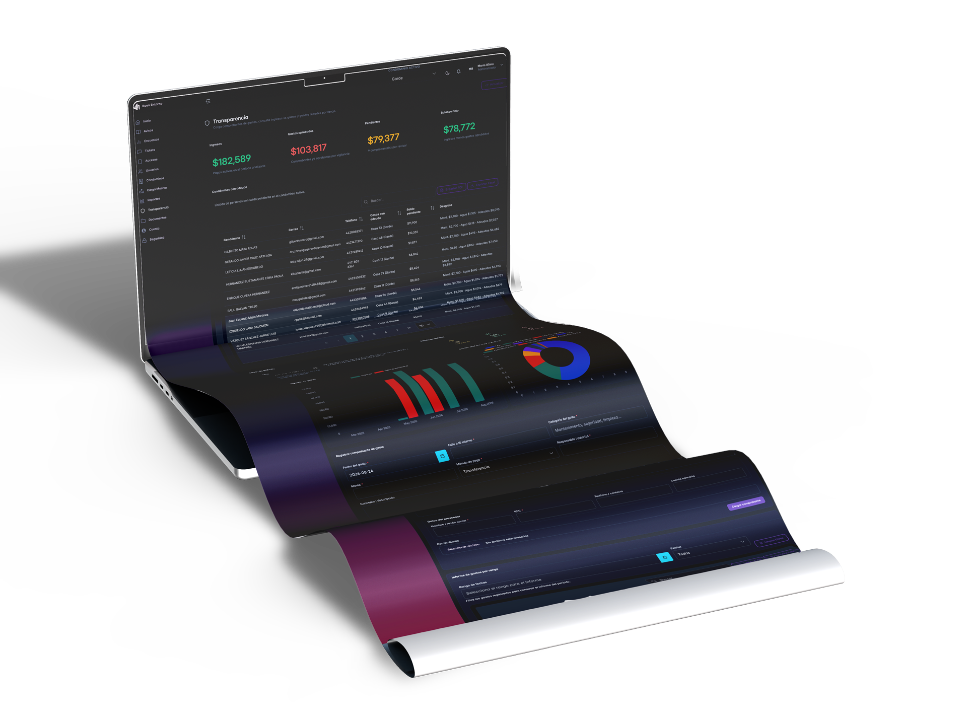 Vistas del sistema de administración de Buen Entorno con tablas de movimientos y gráficas financieras